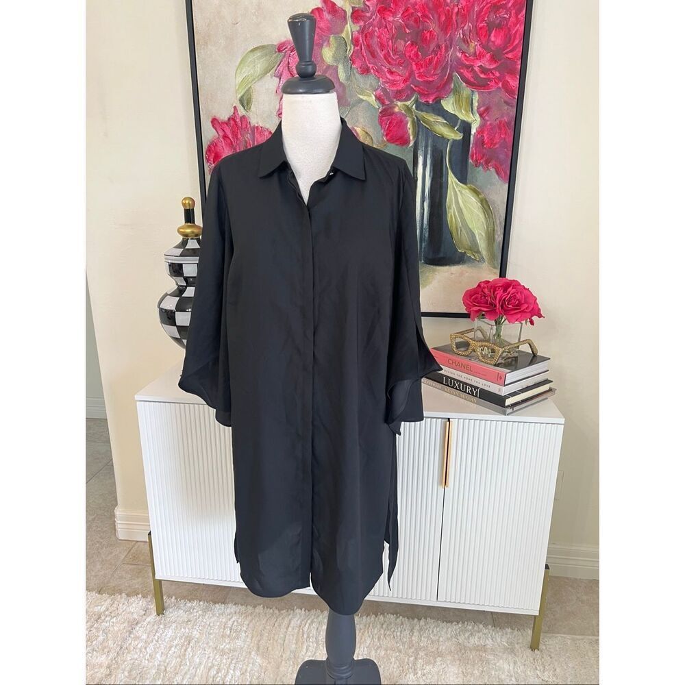 H by Halston Women's Bell Sleeve Sheer Hidden Button Shirt Dress Black Sz Medium